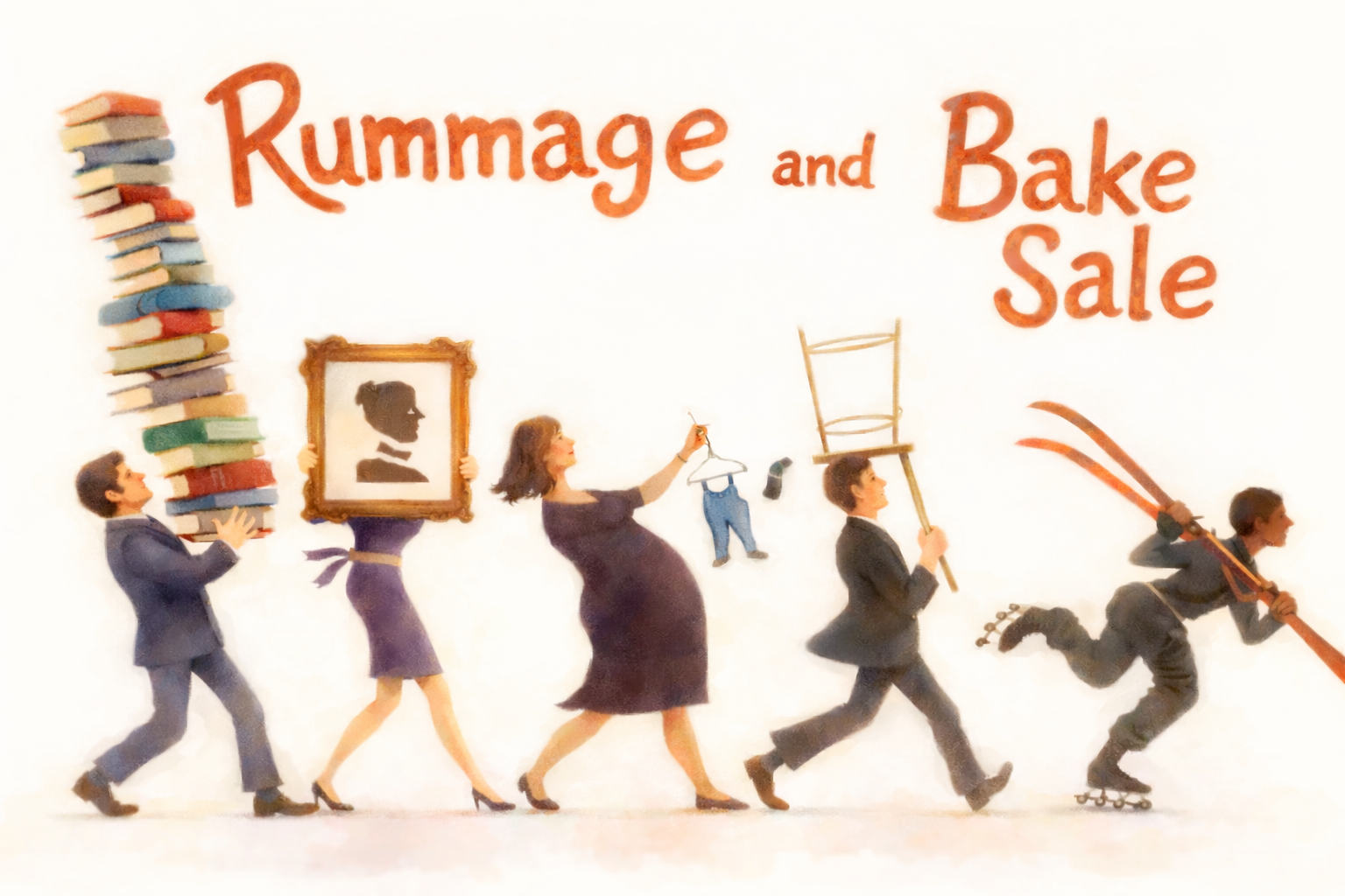 People carrying rummage sale items.