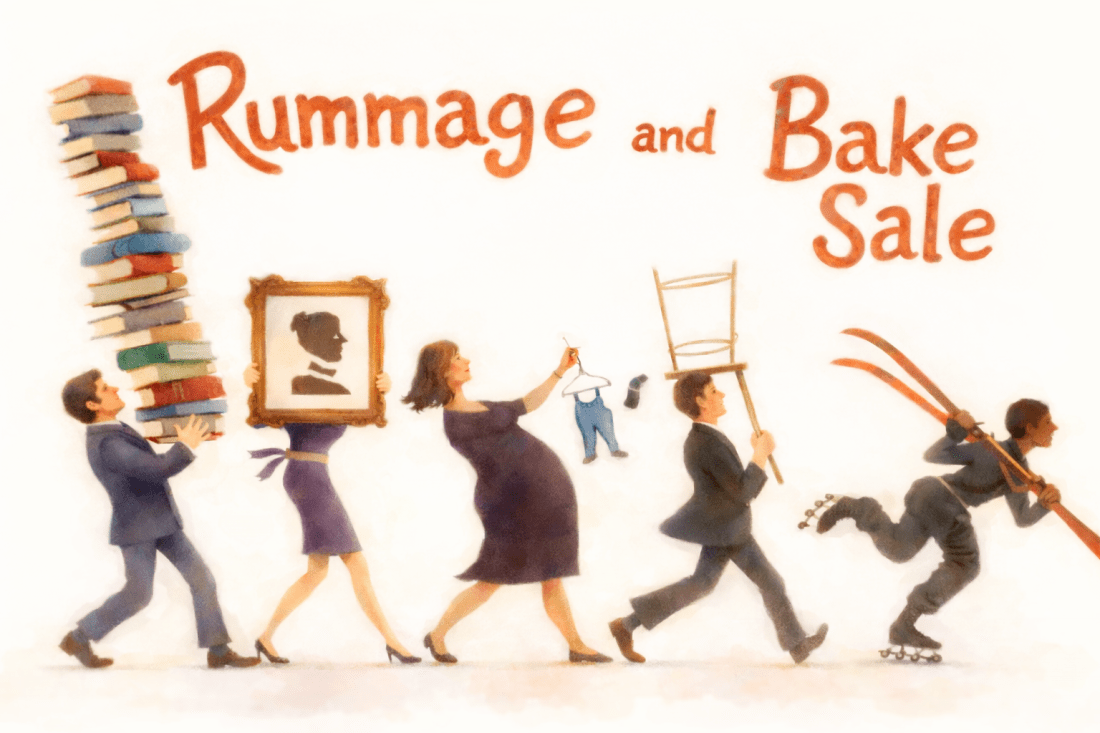 People carrying rummage sale items.