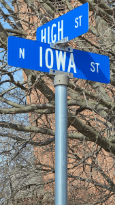 Street sign, intersection of High and Iowa